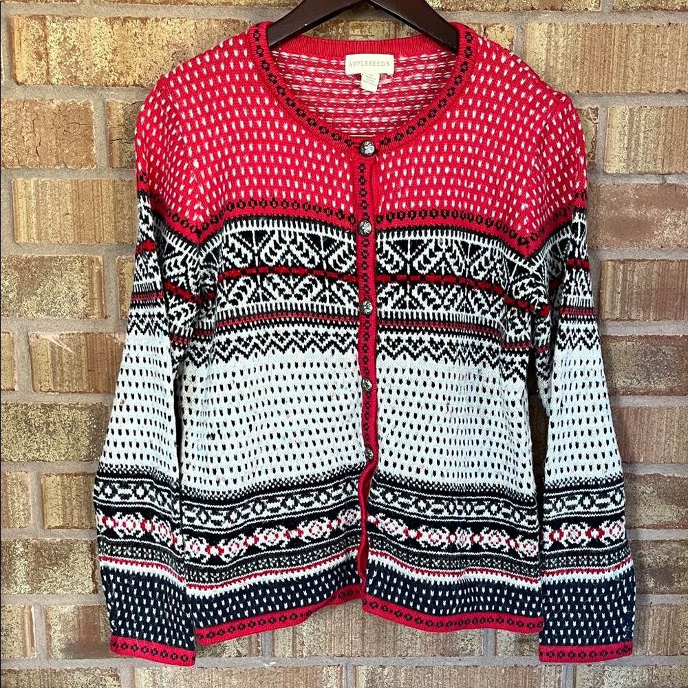 APPLESEED Red and Black Patterned Cardigan Flower detail Buttons Size Medium